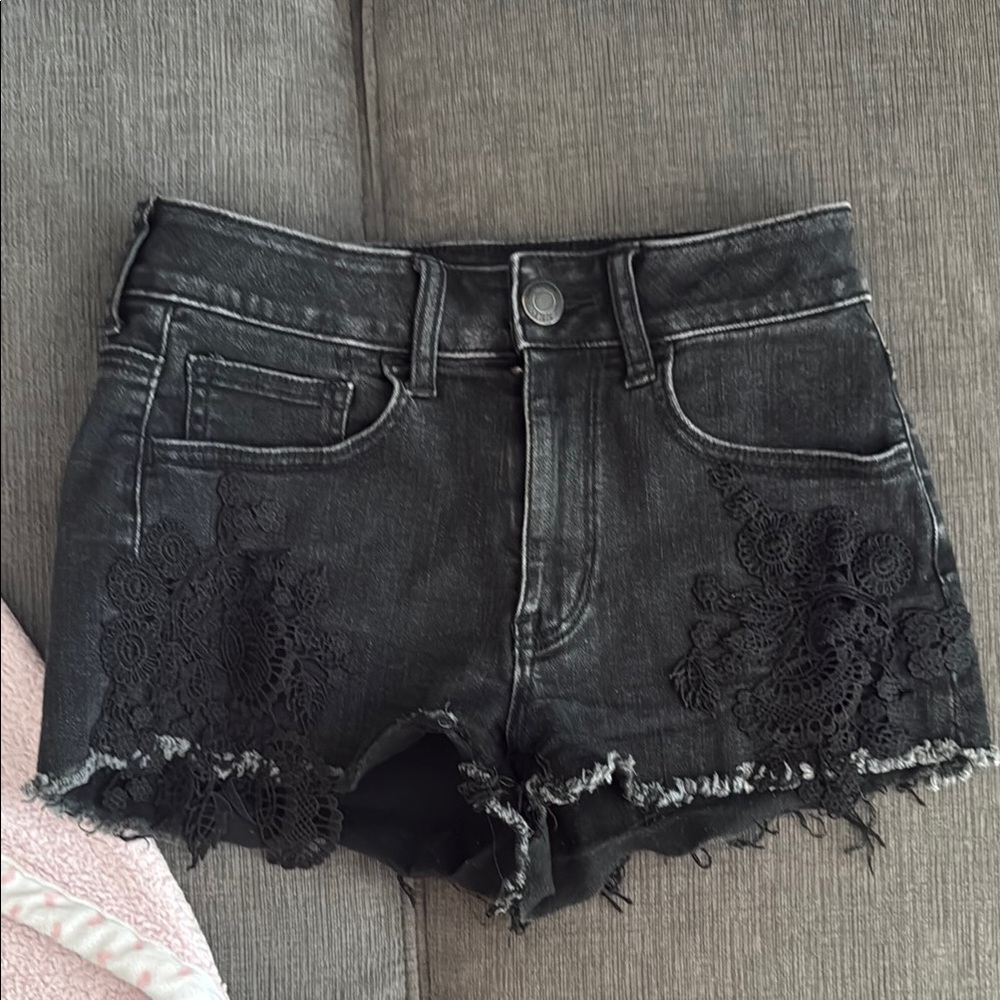 American Eagle Outfitters Black Jean Shorts Distressed Frayed Hem